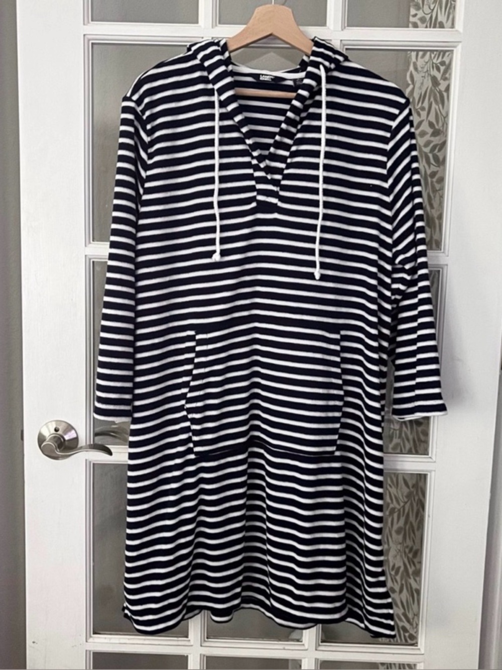 LAND’S END Hooded Terrycloth Striped Swim Cover-Up Sz L NWT